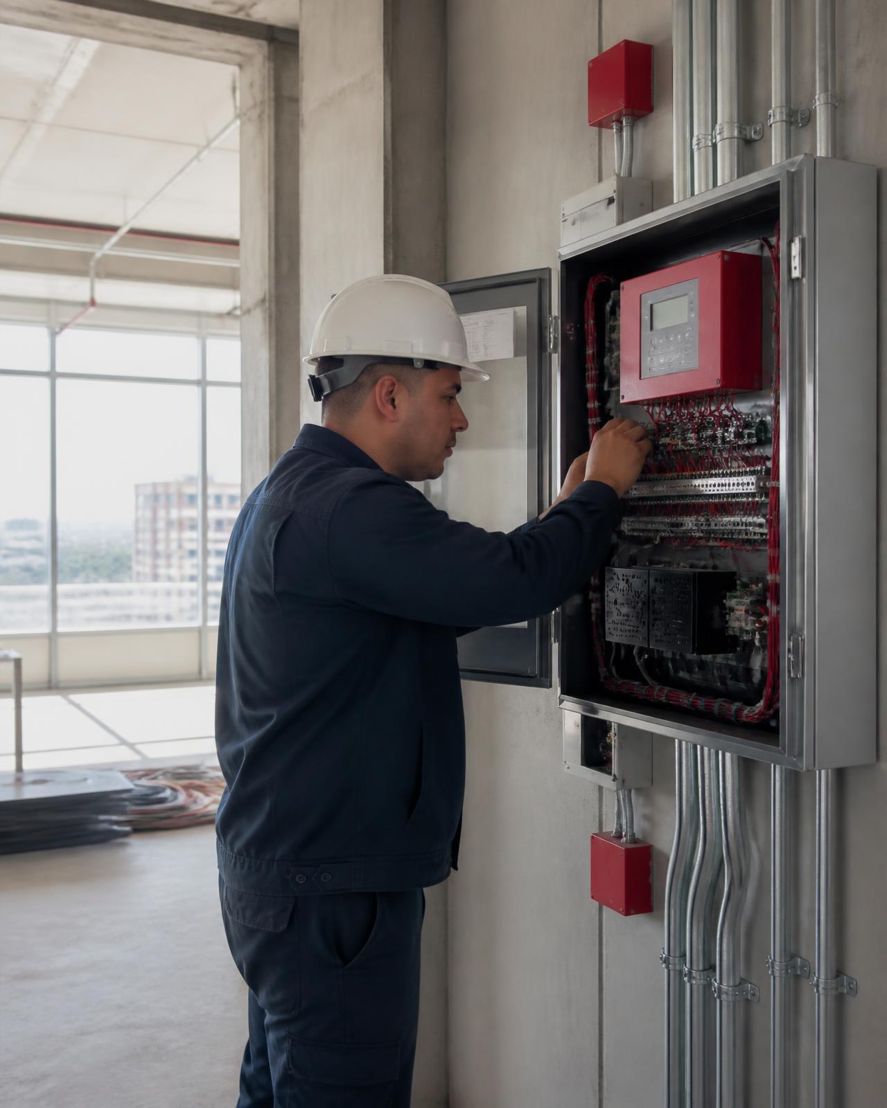 Life safety technician commissioning a fire alarm control panel